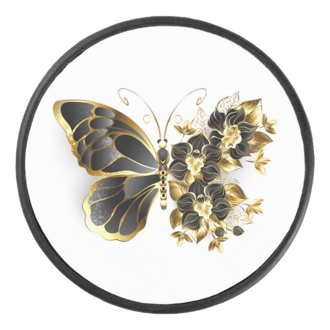 Goldener Schmetterling mit schwarzem Orchid Eishockey Puck (Vorderseite)