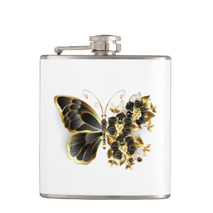 Goldener Schmetterling mit schwarzem Orchid Flachmann