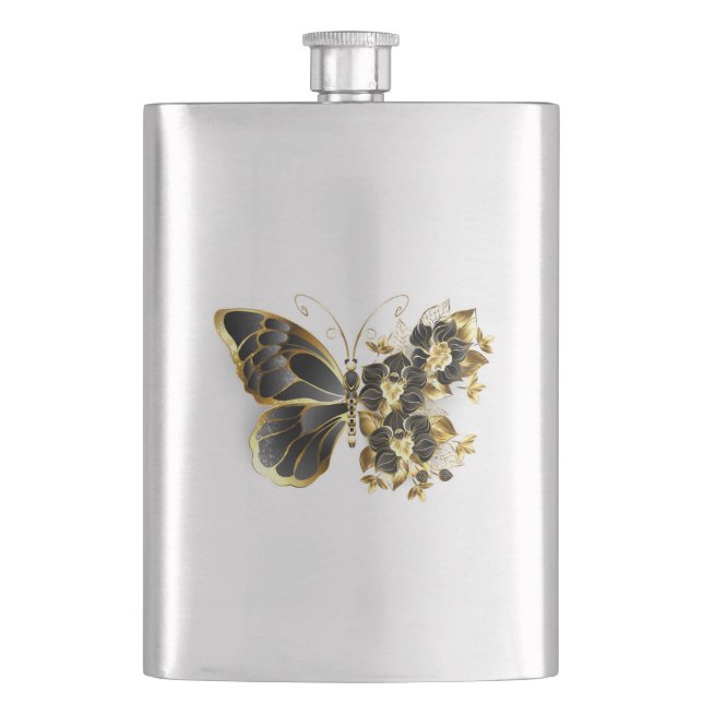 Goldener Schmetterling mit schwarzem Orchid Flachmann (Vorderseite)