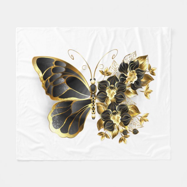 Goldener Schmetterling mit schwarzem Orchid Fleecedecke (Vorderseite (Horizontal))