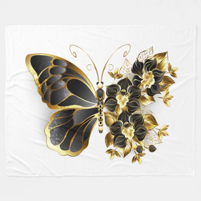 Goldener Schmetterling mit schwarzem Orchid Fleecedecke (Vorderseite (Horizontal))
