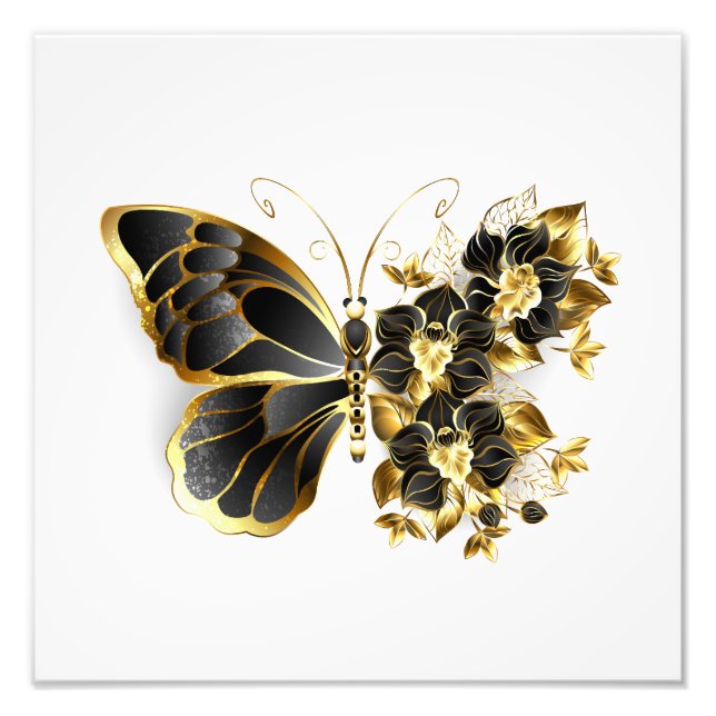 Goldener Schmetterling mit schwarzem Orchid Fotodruck (Vorne)