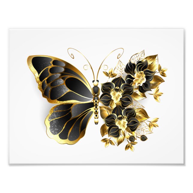 Goldener Schmetterling mit schwarzem Orchid Fotodruck (Vorne)