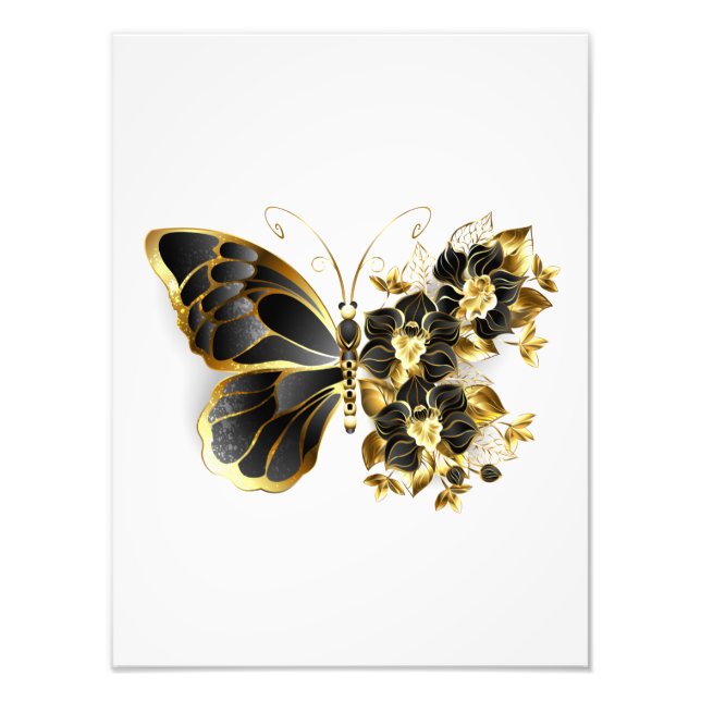 Goldener Schmetterling mit schwarzem Orchid Fotodruck (Vorne)