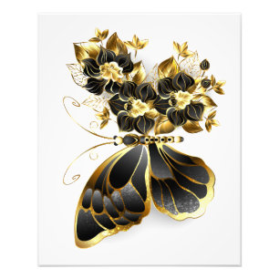 Goldener Schmetterling mit schwarzem Orchid Fotodruck