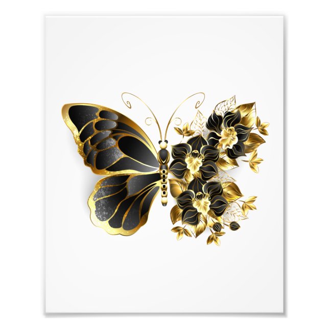 Goldener Schmetterling mit schwarzem Orchid Fotodruck (Vorne)