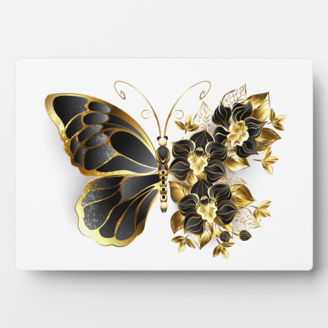 Goldener Schmetterling mit schwarzem Orchid Fotoplatte (Vorderseite)