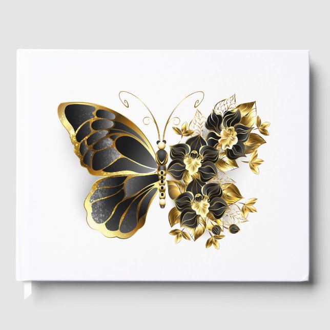 Goldener Schmetterling mit schwarzem Orchid Gästebuch (Vorderseite)