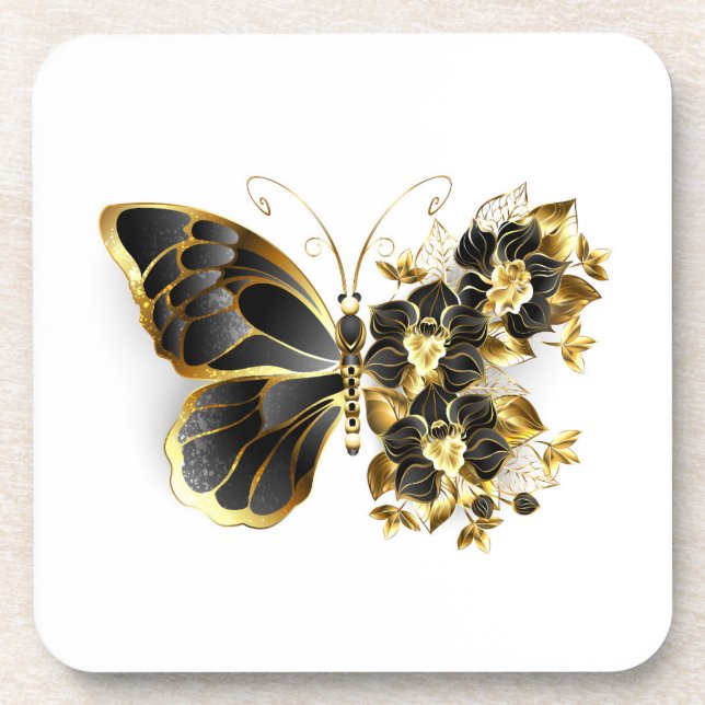 Goldener Schmetterling mit schwarzem Orchid Getränkeuntersetzer (Vorderseite)