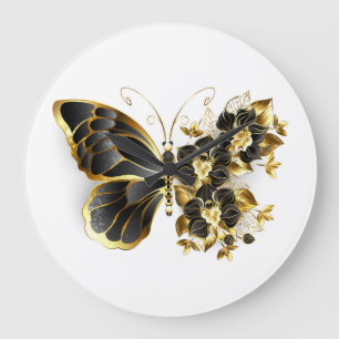 Goldener Schmetterling mit schwarzem Orchid Große Wanduhr
