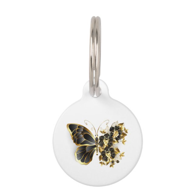 Goldener Schmetterling mit schwarzem Orchid Haustiermarke (Vorderseite)
