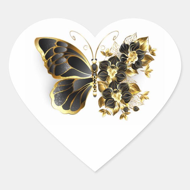 Goldener Schmetterling mit schwarzem Orchid Herz-Aufkleber (Vorderseite)