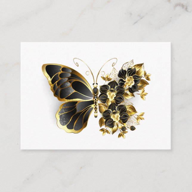 Goldener Schmetterling mit schwarzem Orchid Hinweiskarte (Vorderseite)