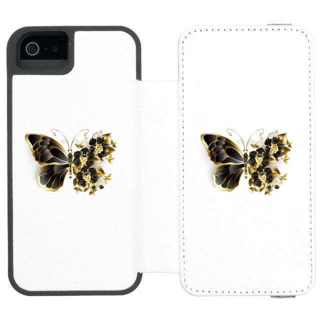 Goldener Schmetterling mit schwarzem Orchid Incipio iPhone Geldbeutel-Hülle (Folio Geöffnet)