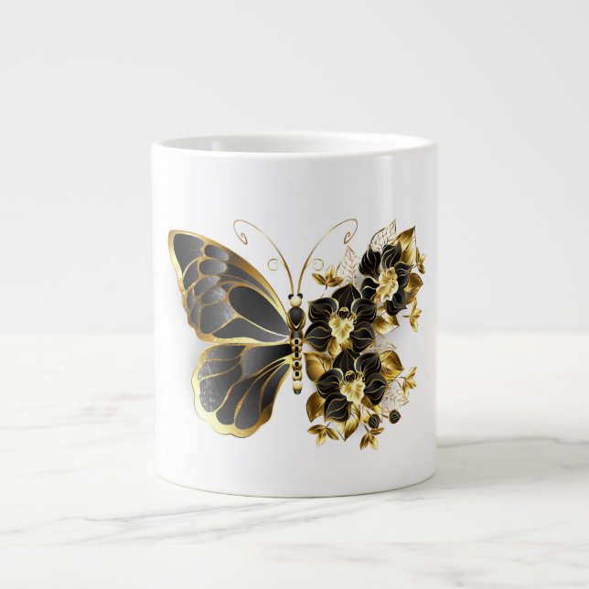 Goldener Schmetterling mit schwarzem Orchid Jumbo-Tasse (Vorderseite)