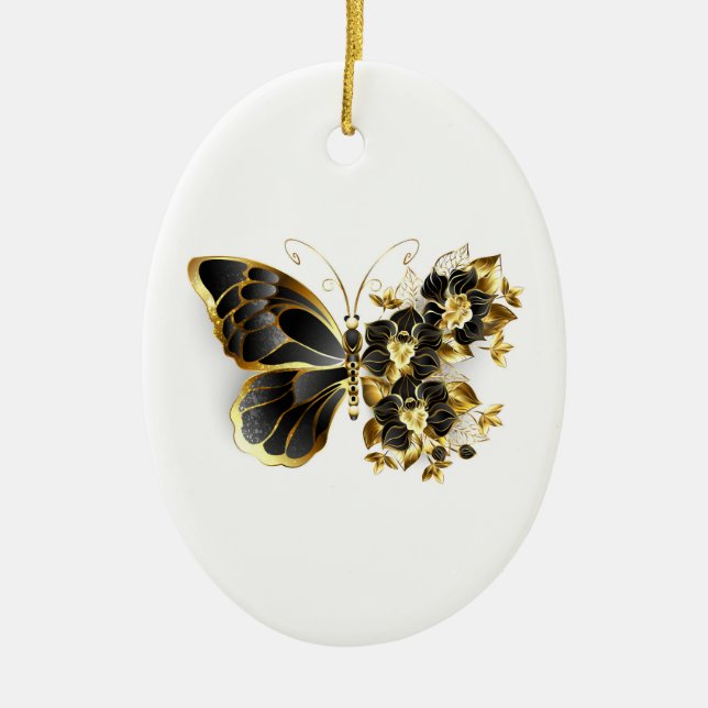 Goldener Schmetterling mit schwarzem Orchid Keramik Ornament (Vorne)