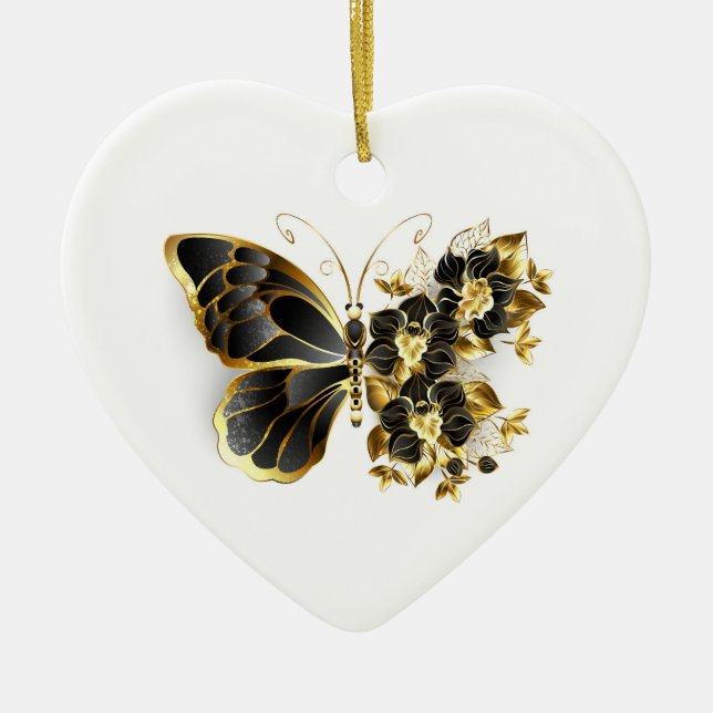 Goldener Schmetterling mit schwarzem Orchid Keramik Ornament (Vorne)