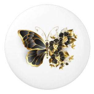 Goldener Schmetterling mit schwarzem Orchid Keramikknauf