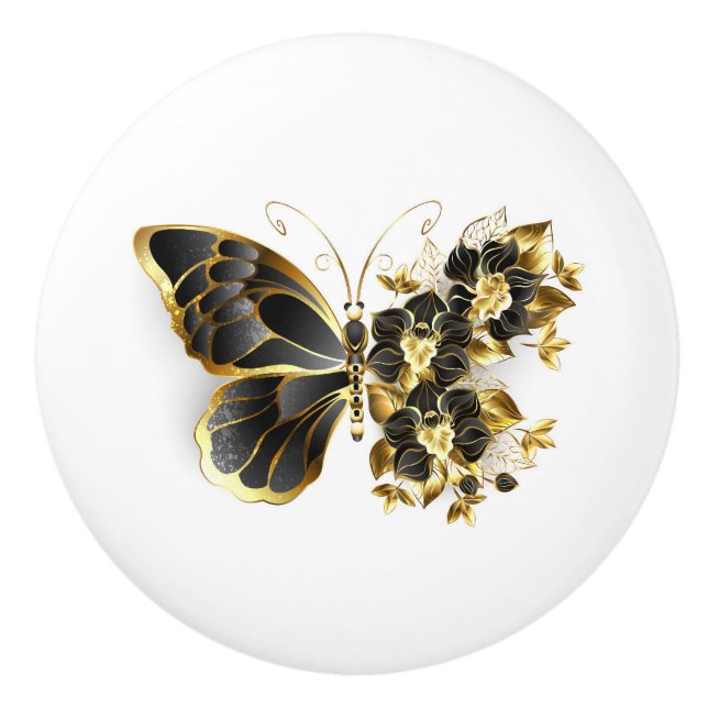 Goldener Schmetterling mit schwarzem Orchid Keramikknauf (Vorderseite)