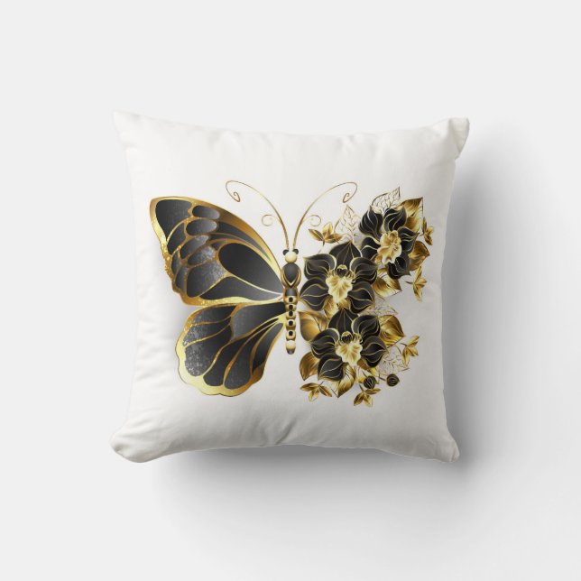 Goldener Schmetterling mit schwarzem Orchid Kissen (Vorderseite)