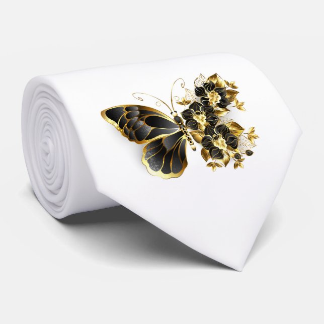 Goldener Schmetterling mit schwarzem Orchid Krawatte (Gerollt)
