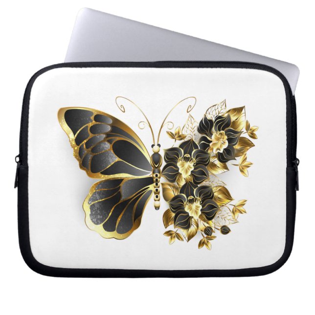 Goldener Schmetterling mit schwarzem Orchid Laptopschutzhülle (Vorderseite)