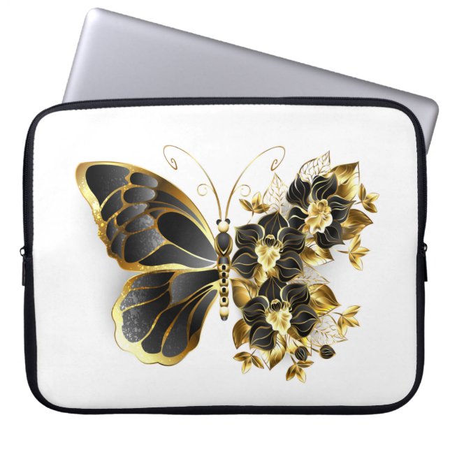 Goldener Schmetterling mit schwarzem Orchid Laptopschutzhülle (Vorderseite)