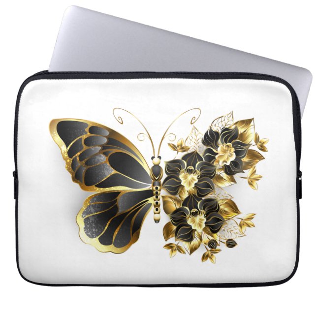 Goldener Schmetterling mit schwarzem Orchid Laptopschutzhülle (Vorderseite)