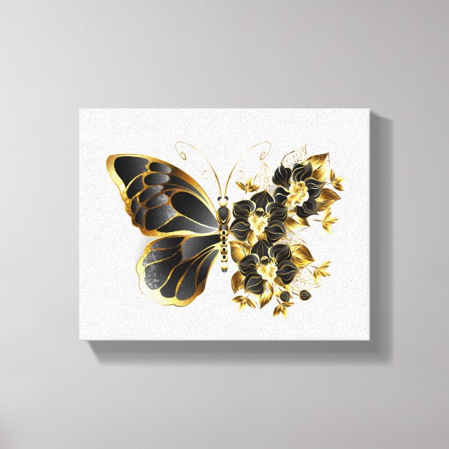 Goldener Schmetterling mit schwarzem Orchid Leinwanddruck (Vorderseite)