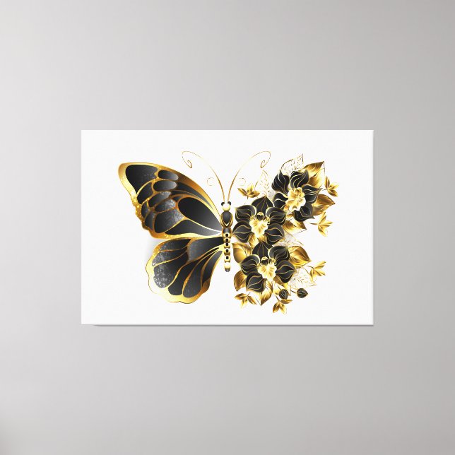 Goldener Schmetterling mit schwarzem Orchid Leinwanddruck (Vorderseite)