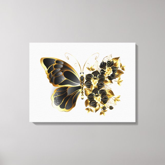 Goldener Schmetterling mit schwarzem Orchid Leinwanddruck (Vorderseite)