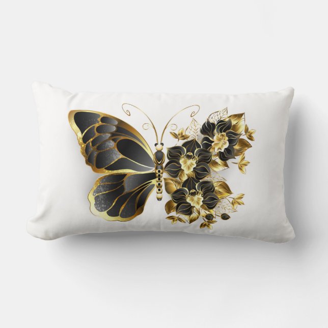Goldener Schmetterling mit schwarzem Orchid Lendenkissen (Vorderseite)