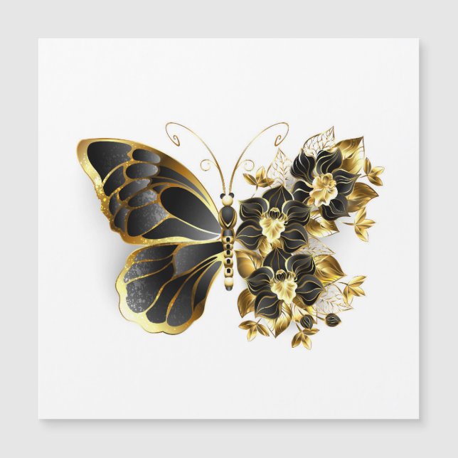 Goldener Schmetterling mit schwarzem Orchid Magneteinladung (Vorderseite)