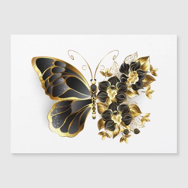 Goldener Schmetterling mit schwarzem Orchid Magneteinladung (Vorderseite)