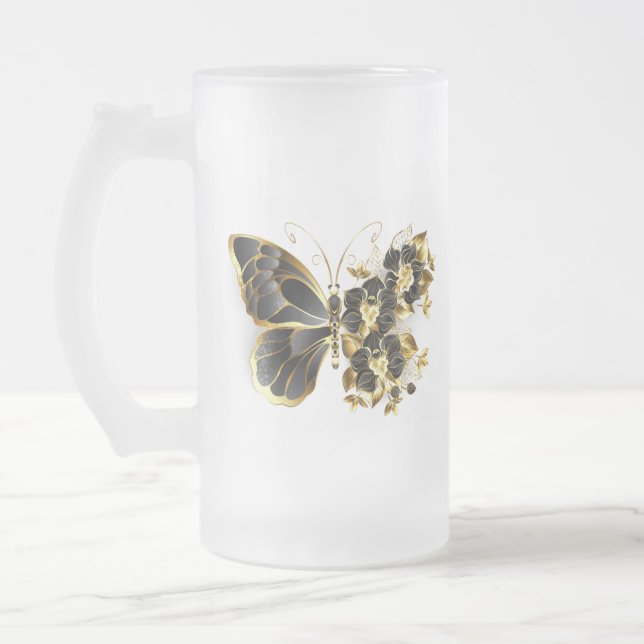 Goldener Schmetterling mit schwarzem Orchid Mattglas Bierglas (Links)