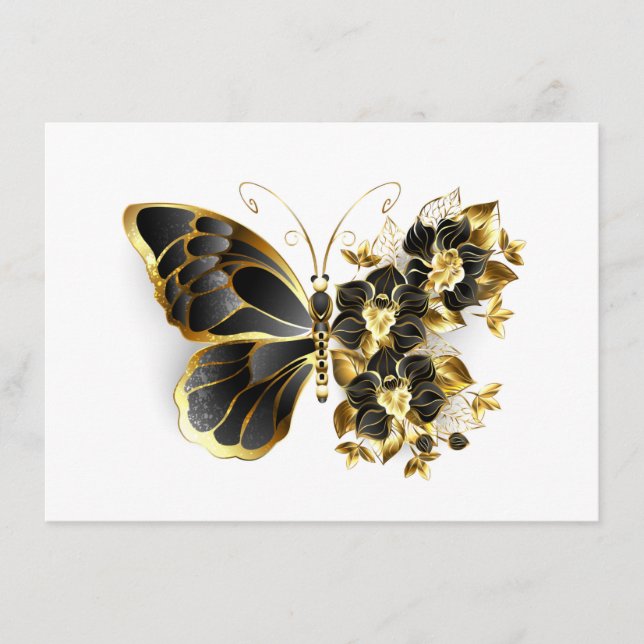Goldener Schmetterling mit schwarzem Orchid Menükarte (Vorderseite)