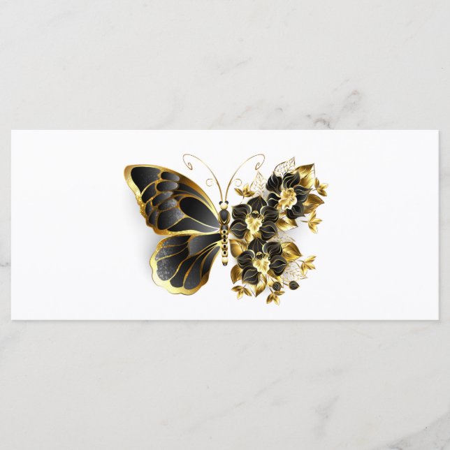 Goldener Schmetterling mit schwarzem Orchid Menükarte (Vorderseite)