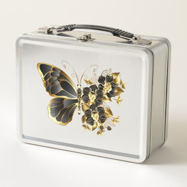 Goldener Schmetterling mit schwarzem Orchid Metall Brotdose (Vorderseite)