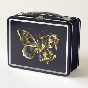 Goldener Schmetterling mit schwarzem Orchid Metall Brotdose