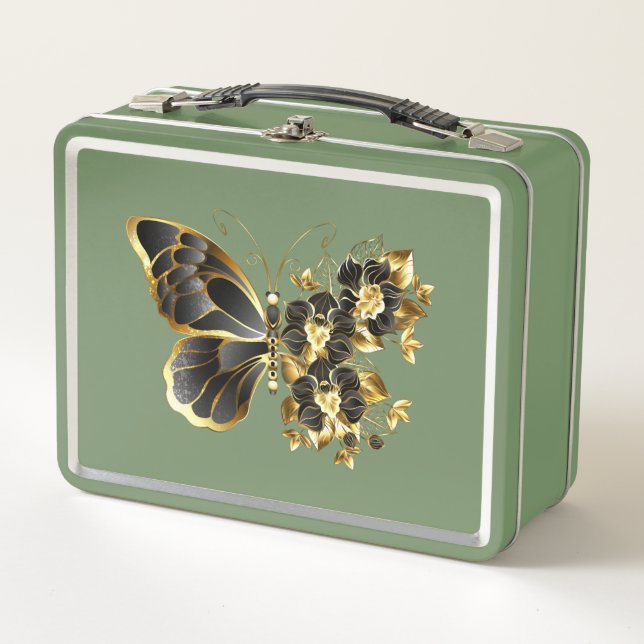 Goldener Schmetterling mit schwarzem Orchid Metall Brotdose (Vorderseite)