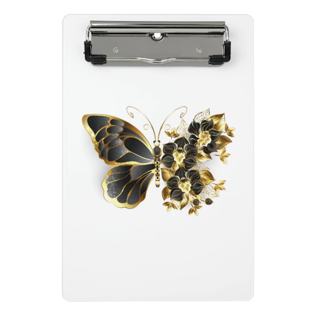 Goldener Schmetterling mit schwarzem Orchid Mini Klemmbrett (Vorderseite)