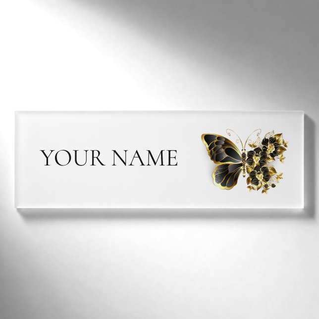 Goldener Schmetterling mit schwarzem Orchid Namenschild (Vorderseite)