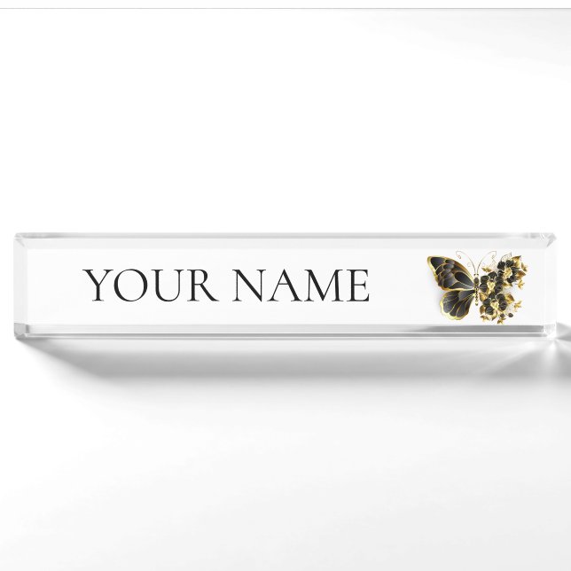 Goldener Schmetterling mit schwarzem Orchid Namensplakette (Vorderseite)