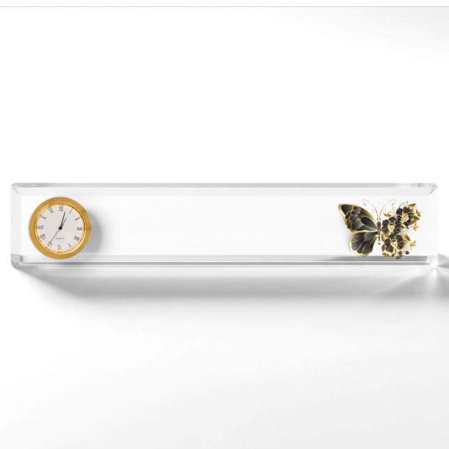 Goldener Schmetterling mit schwarzem Orchid Namensplakette (Vorderseite)