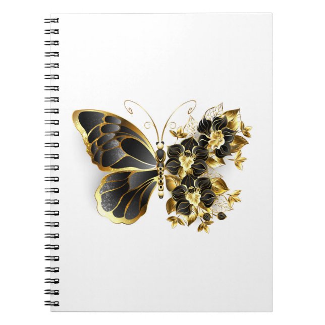 Goldener Schmetterling mit schwarzem Orchid Notizblock (Vorderseite)