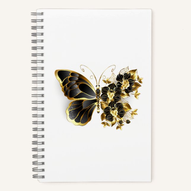 Goldener Schmetterling mit schwarzem Orchid Notizbuch (Vorderseite)