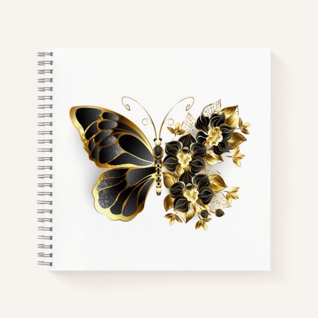 Goldener Schmetterling mit schwarzem Orchid Notizbuch (Vorderseite)