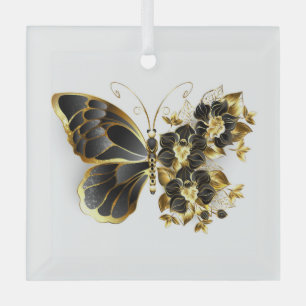 Goldener Schmetterling mit schwarzem Orchid Ornament Aus Glas