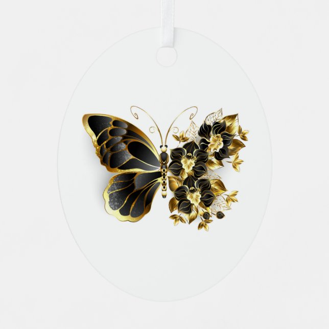 Goldener Schmetterling mit schwarzem Orchid Ornament Aus Metall (Vorderseite)