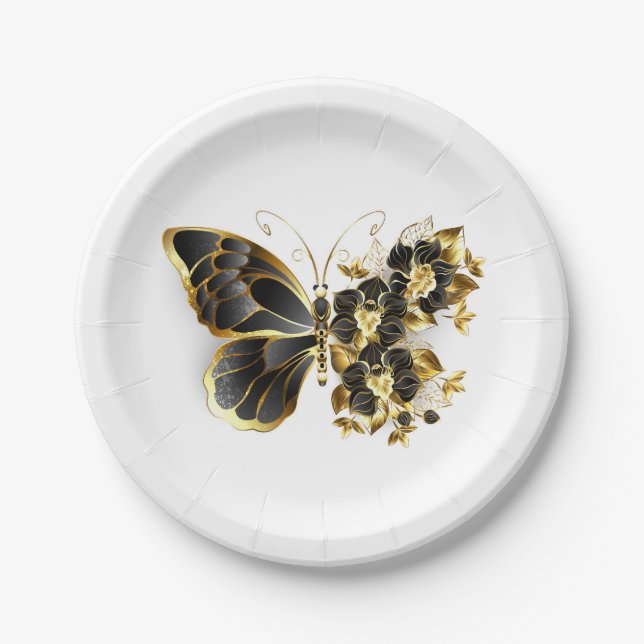 Goldener Schmetterling mit schwarzem Orchid Pappteller (Vorderseite)